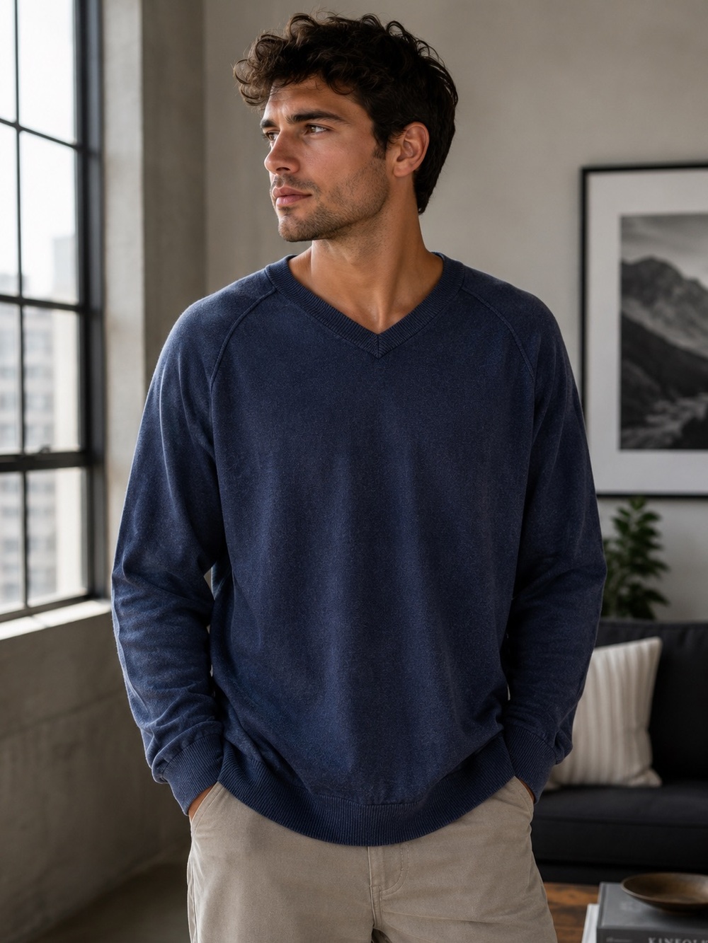 Nordstrom Cotton Cashmere V Neck Sweater Navy Blue XL